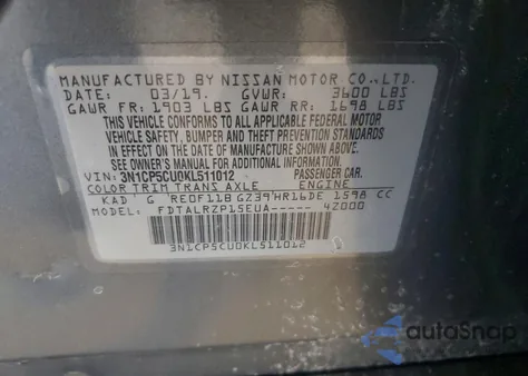 2019 Nissan Kicks S из США, поврежденный, VIN 3N1CP5CU0KL511012